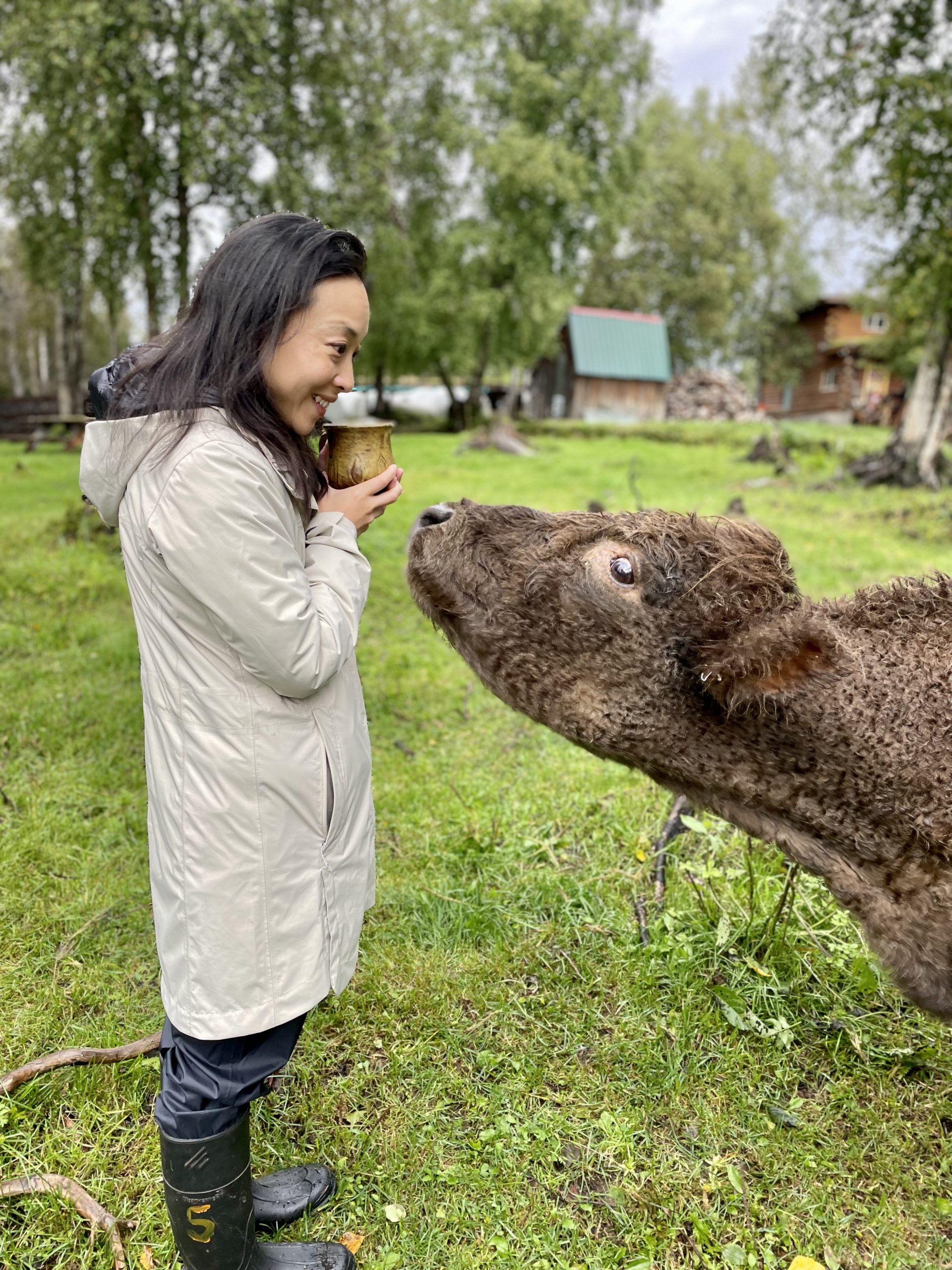 jen-twang-cozy-little-universe-founder Jen Twang meeting a highland cow while traveling in Alaska